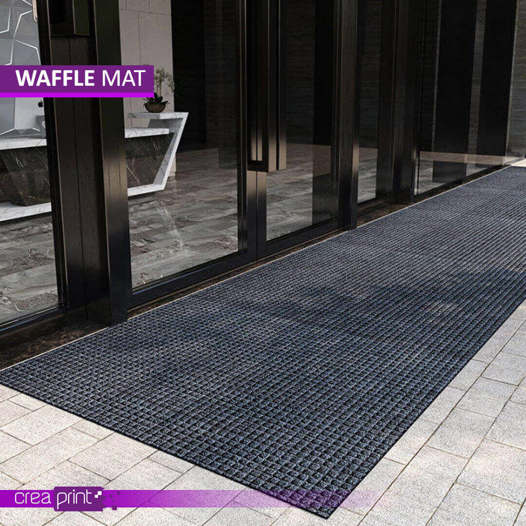 Durable waffle-pattern custom logo door mat designed for maximum dirt absorption, non-slip safety, and personalized branding.