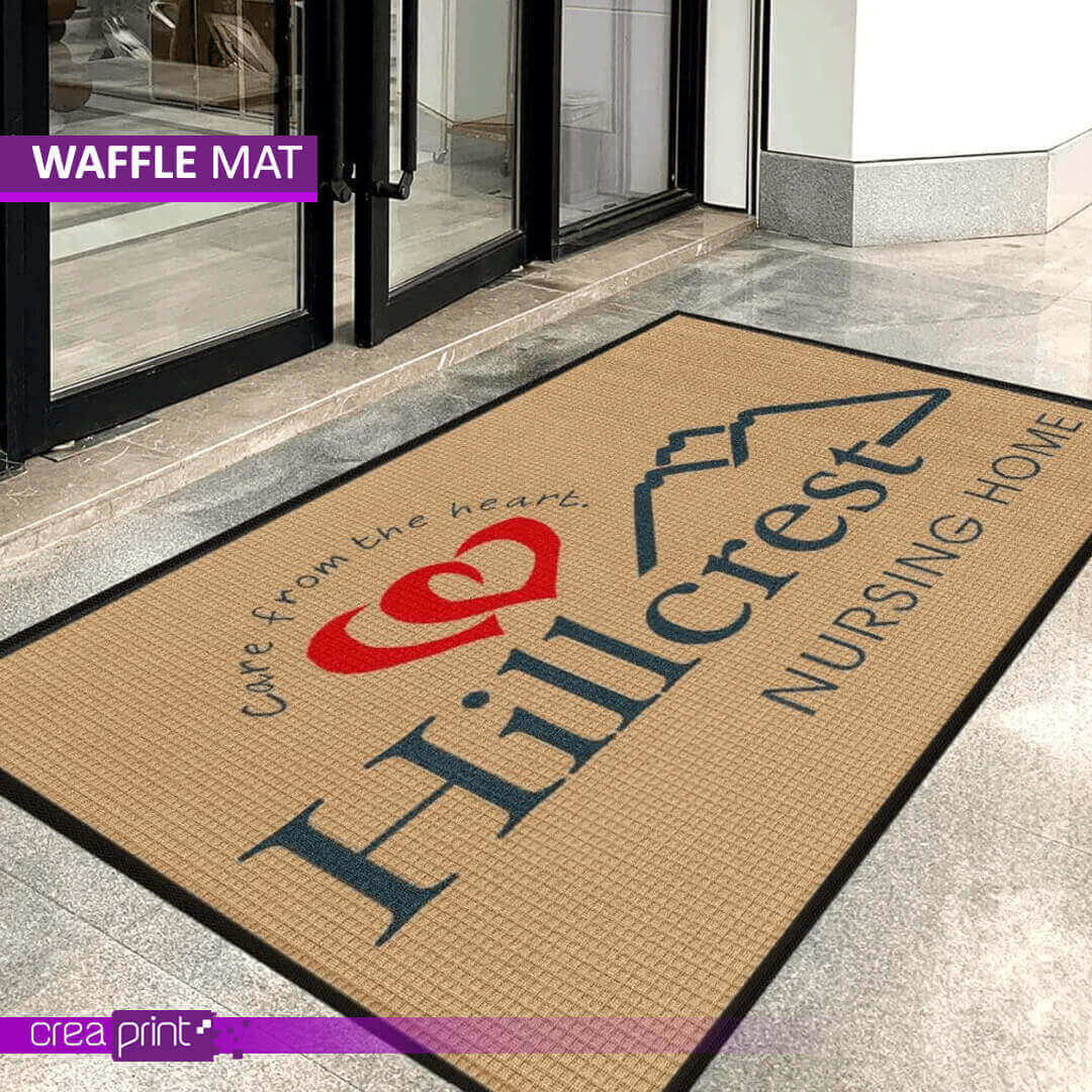 Custom waffle texture door mat with logo, featuring a durable dirt-trapping surface and non-slip backing, ideal for homes and businesses.