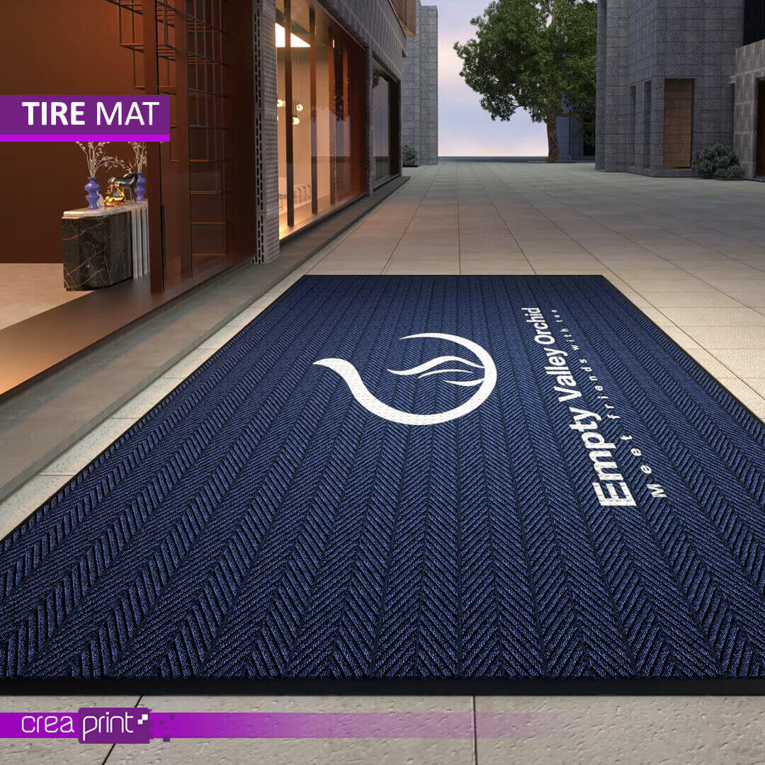 Heavy-duty tire texture custom logo door mat with non-slip backing, designed for durability and high-traffic use, perfect for personalized branding.