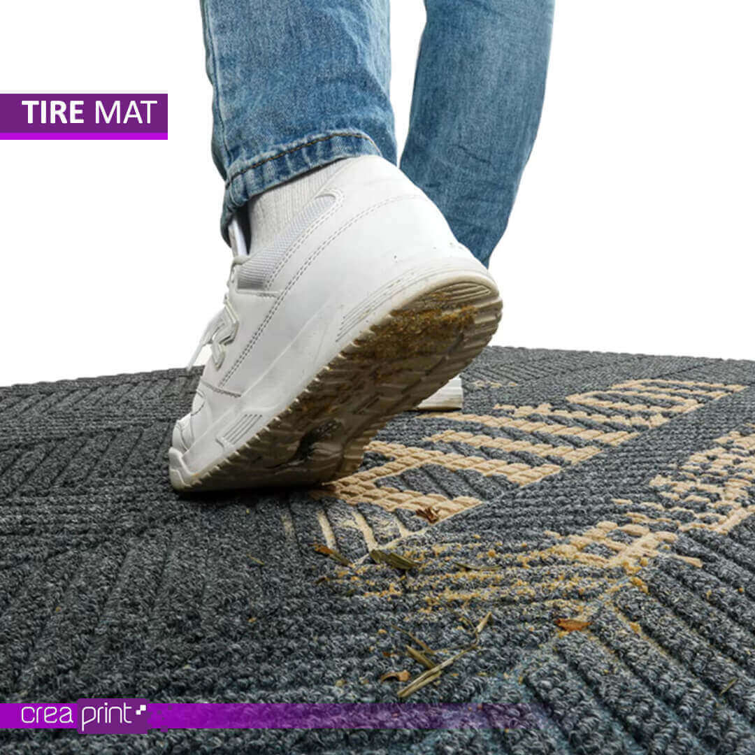 Durable custom logo mat with tire texture design, featuring slip-resistant backing and personalized branding for home and commercial entrances.