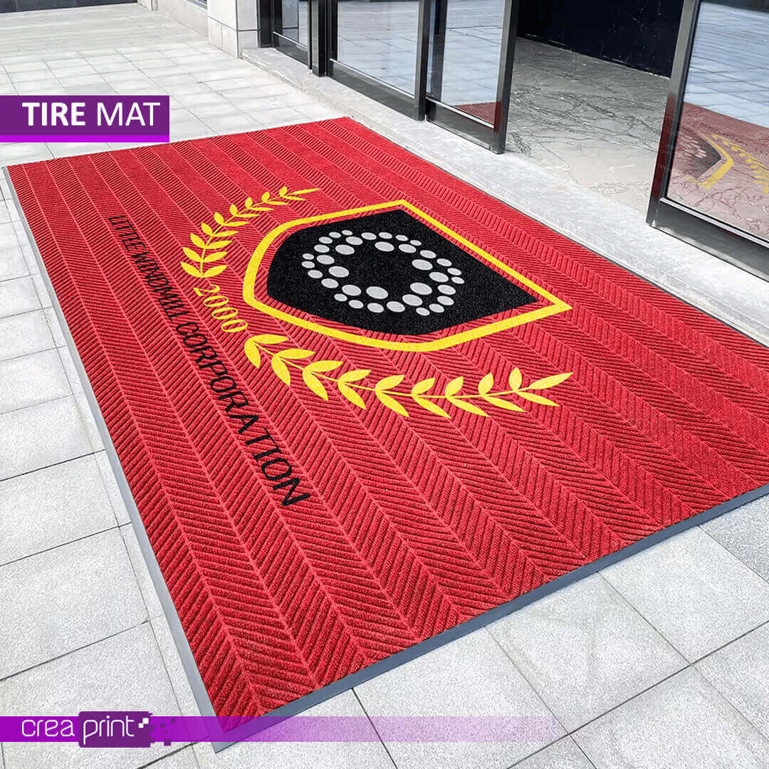 Custom tire-textured logo door mat, designed for durability and personalization with custom logos for residential and commercial use.