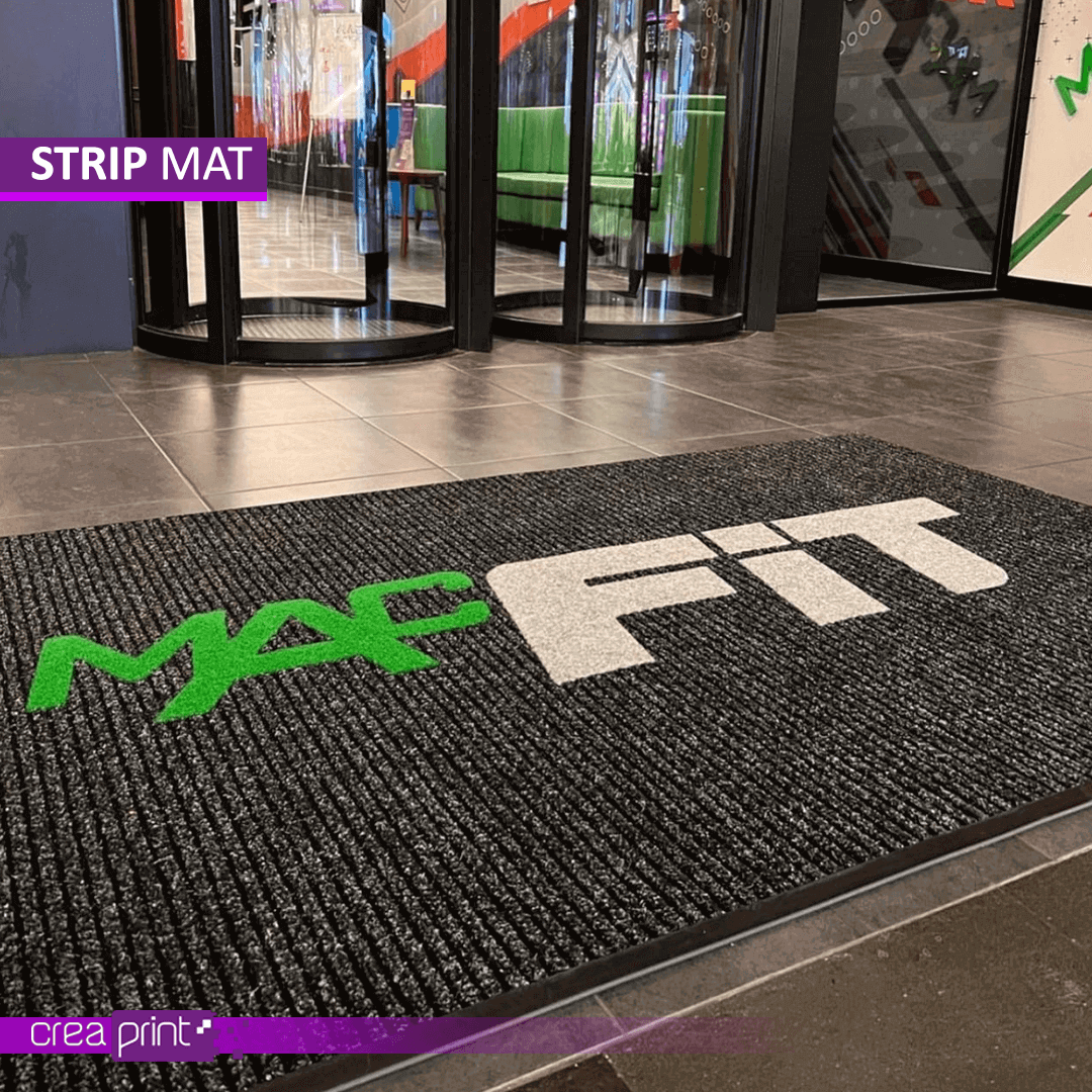Custom striped logo door mat, offering personalized design with a durable and stylish striped pattern for business or residential entryways.