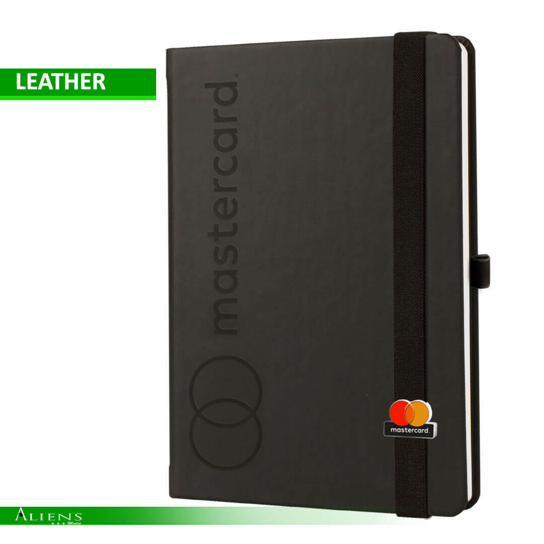 A sophisticated custom diary featuring a leather cover, available in various colors, with a 3D logo on the cover.