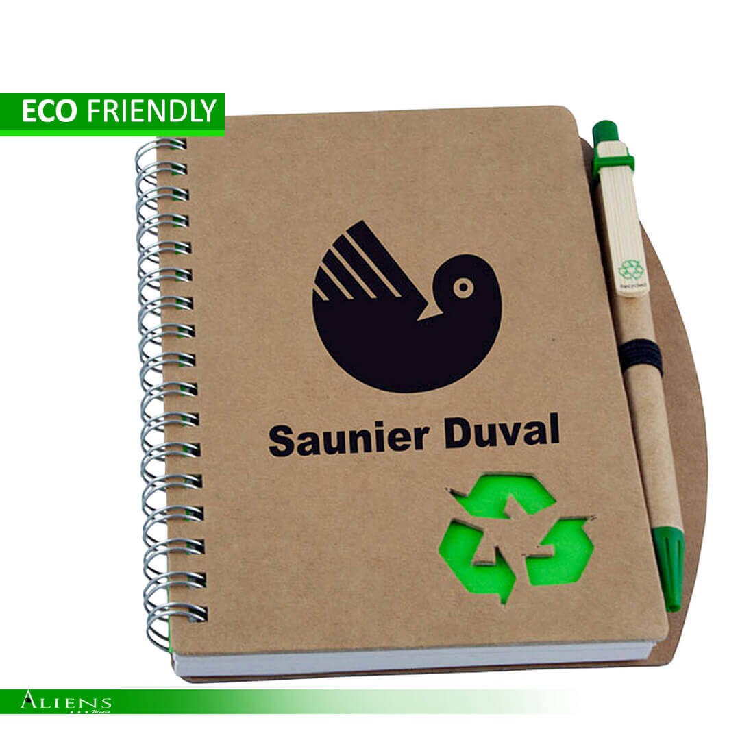 A selection of eco-friendly notebooks in various sizes, colors, and designs, showcasing sustainable materials.