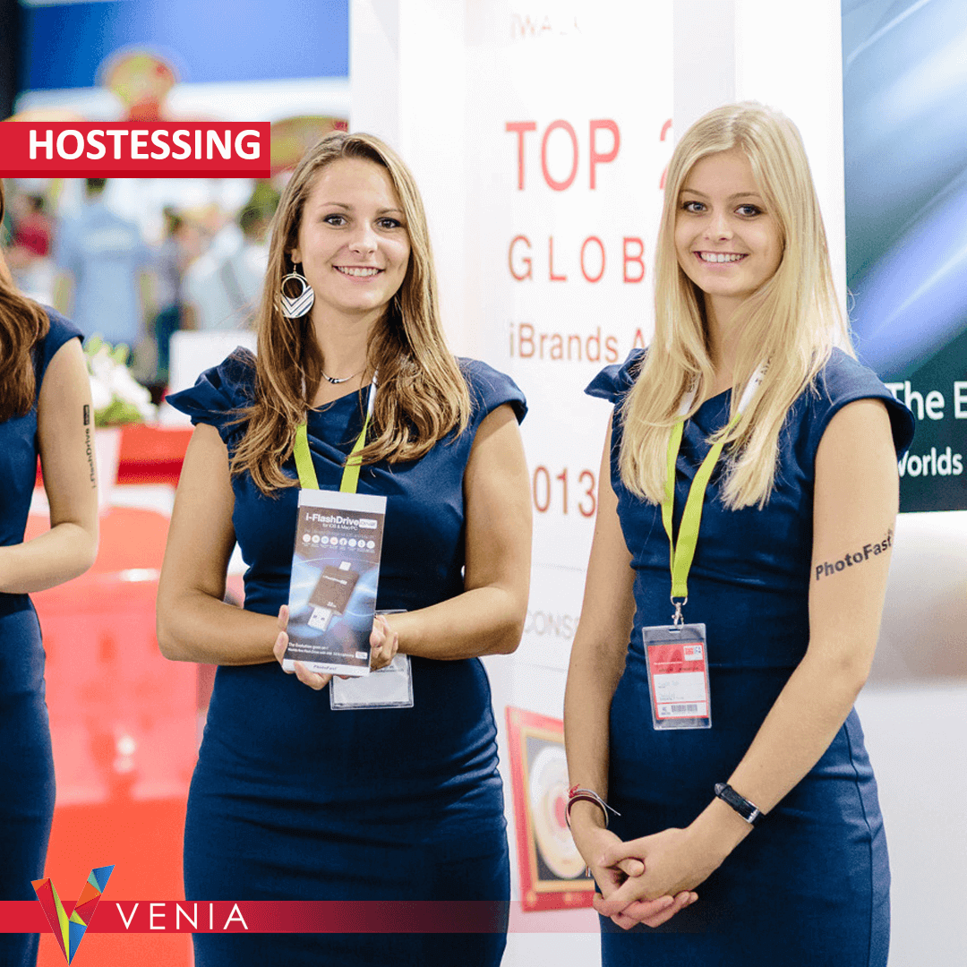 Professional hostessing services for tradeshows, corporate events, and exhibitions by Venia.