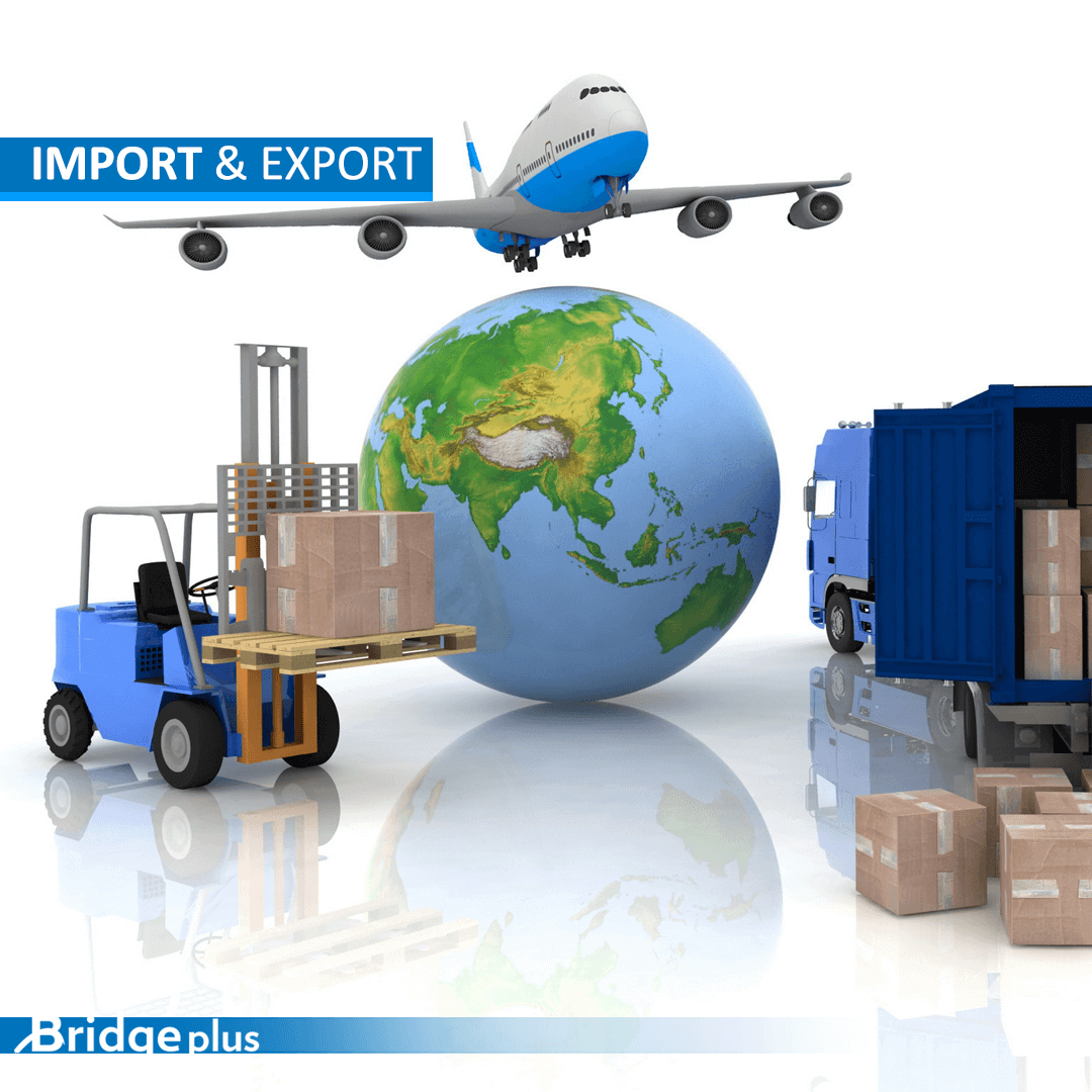 Bridge Plus showcasing import and export services, emphasizing global trade solutions from various countries, including China.