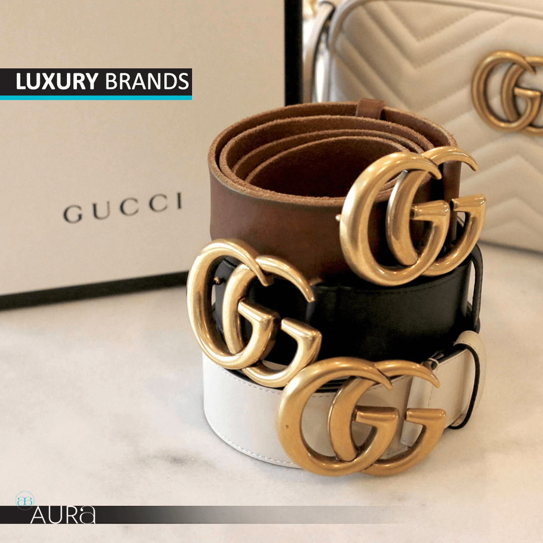 Pre-owned Gucci belt available at Aura Luxury – A symbol of style and status.