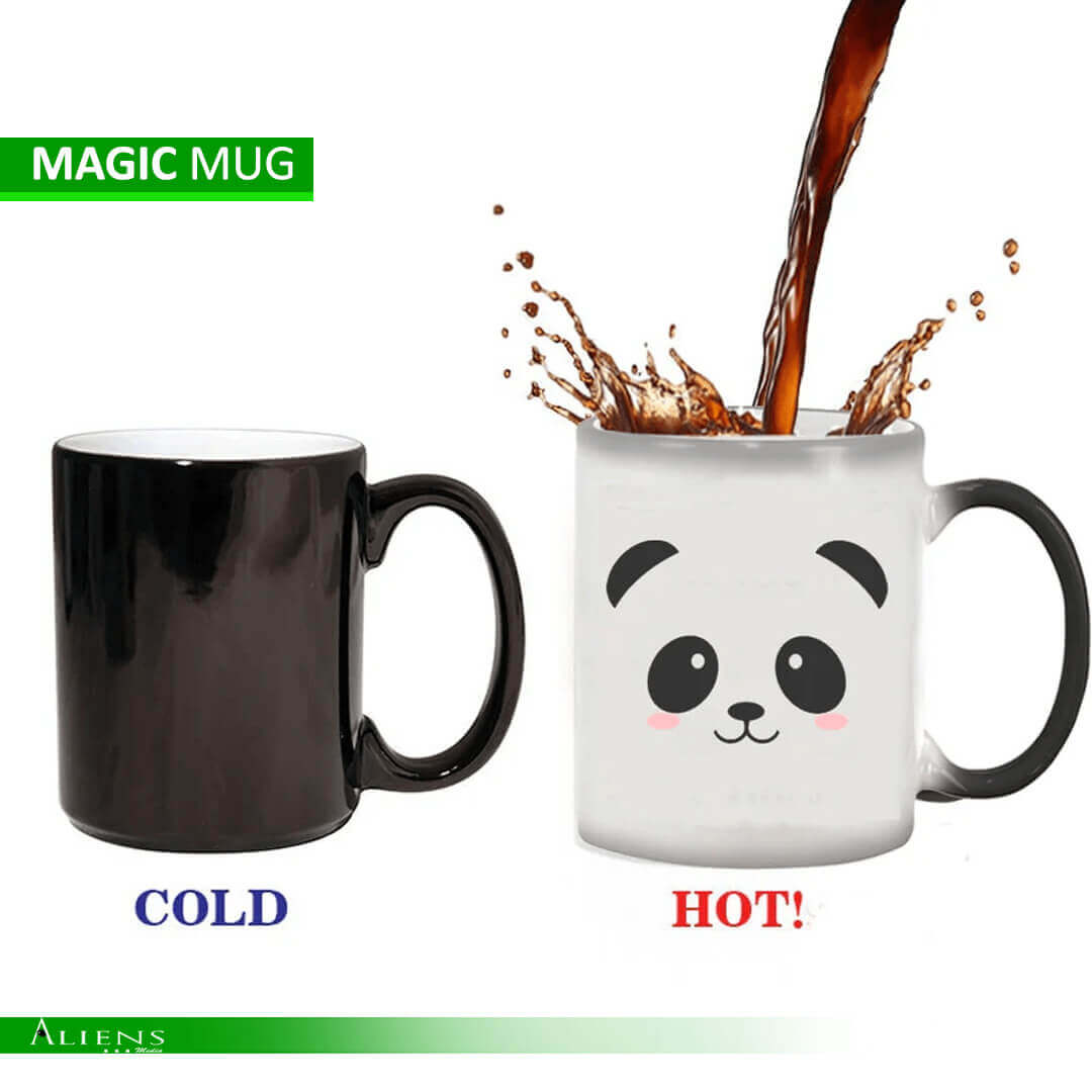 A magic mug that changes color when hot water is added, displaying various designs and logos.