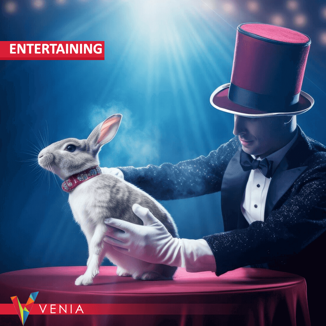 Magician performing tricks at an event, booked through Venia for weddings, birthdays, and corporate events.