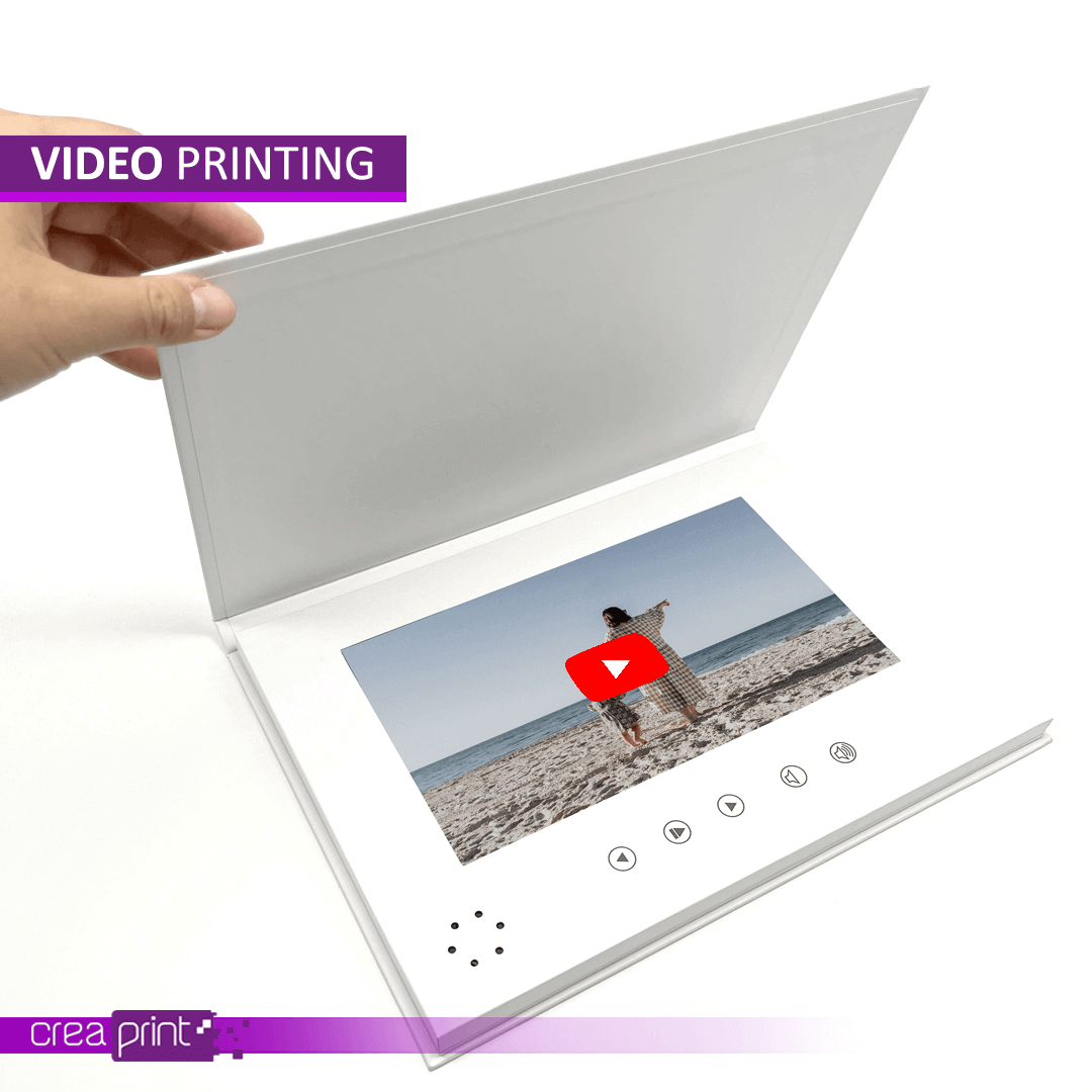 Video in Print brochure displaying embedded video screen for dynamic marketing, customizable for various industries.