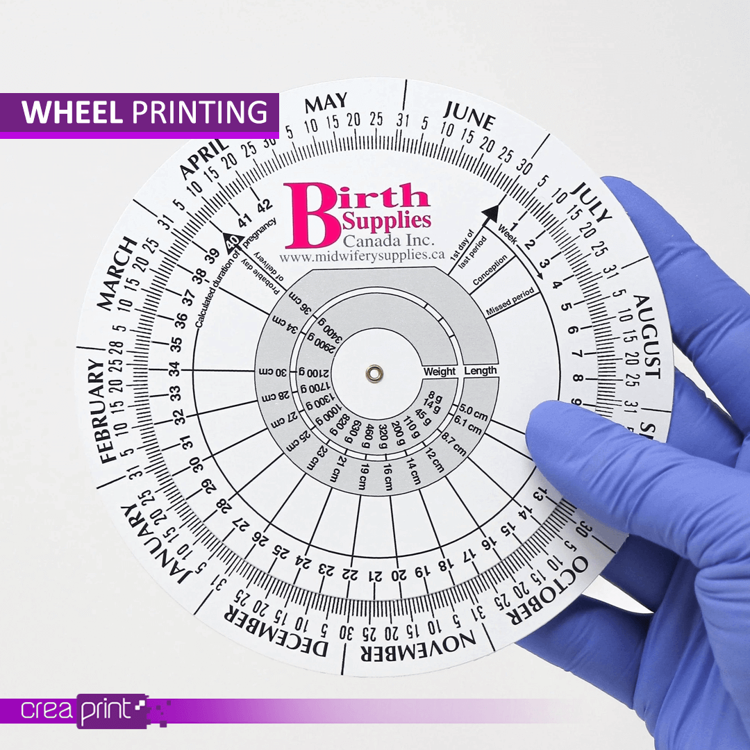 Printed wheel calendars used by medical companies, such as pregnancy calendars, distributed to doctors.