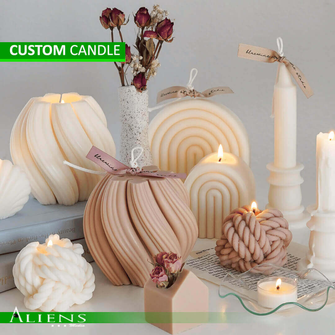 Custom candle in unique shape and color, designed to match personal style or brand identity.