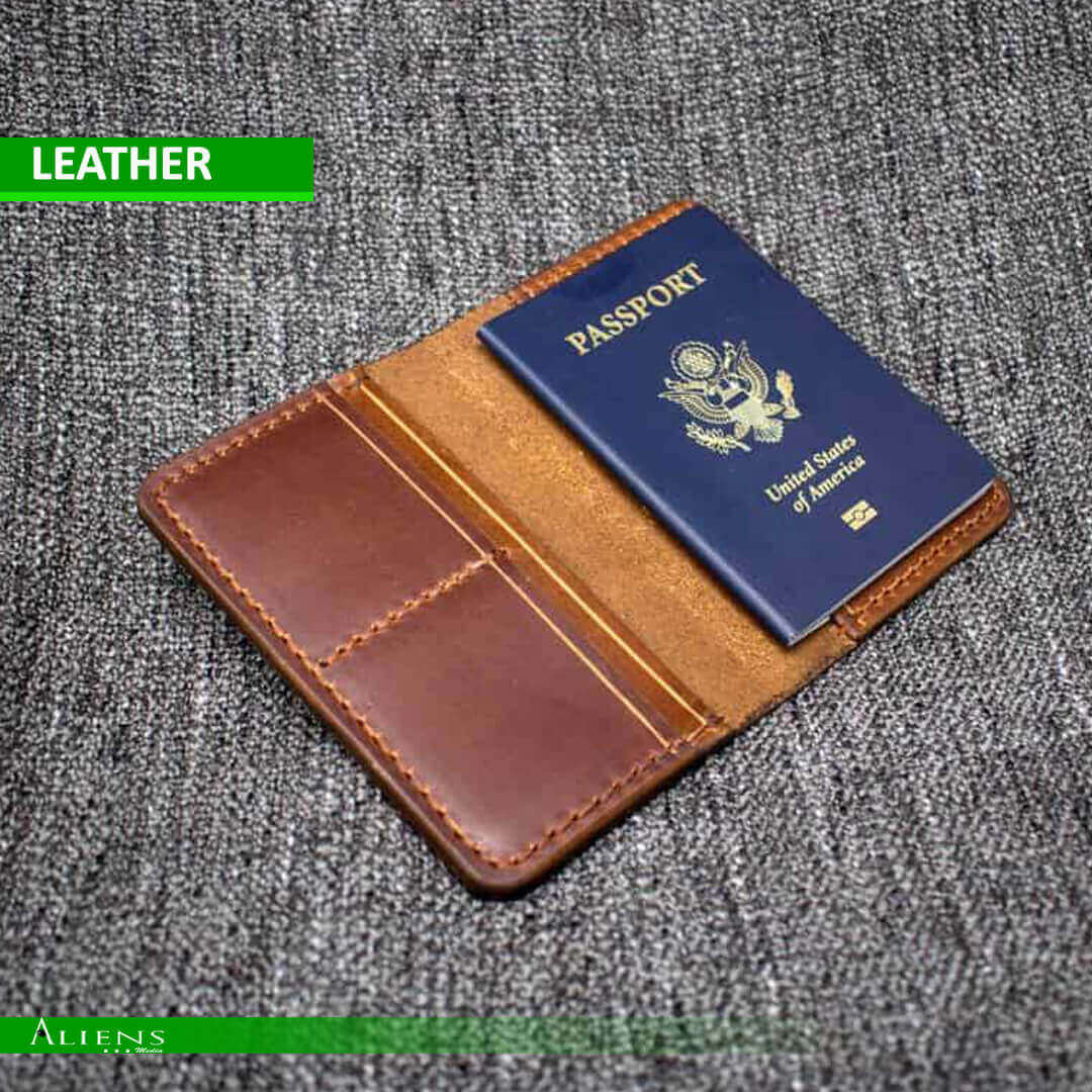 Custom leather passport cover in premium material with personalized design.