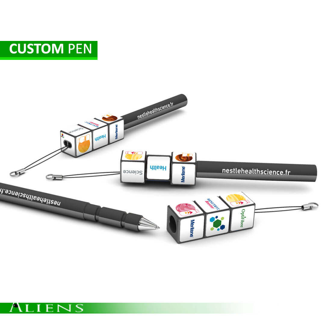 Custom Rubik's pen with branded design as a unique promotional gift.