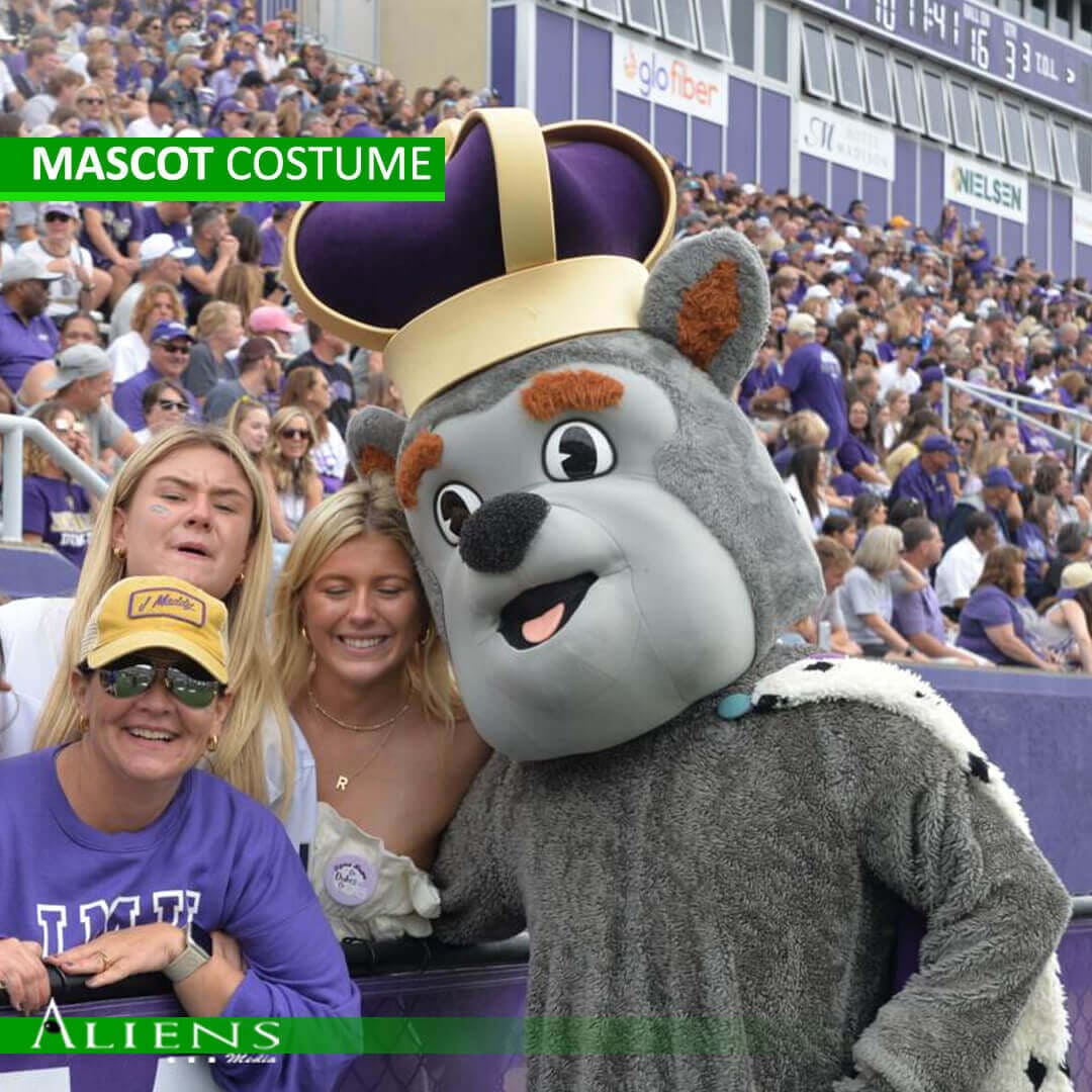 Event mascot costume featuring durable materials and friendly character design for trade shows.