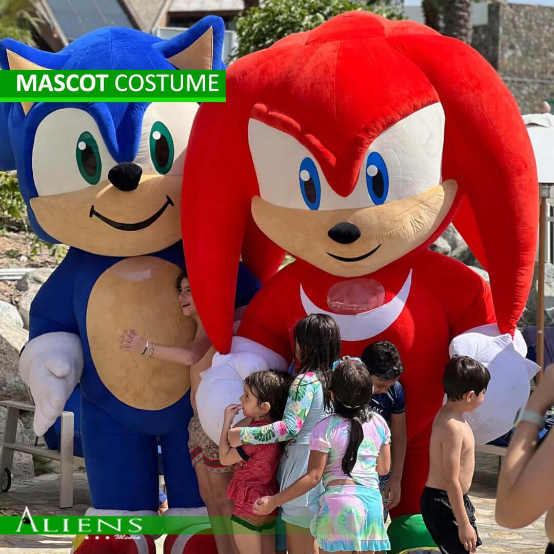 Custom mascot costume promoting a new product at a trade show booth.