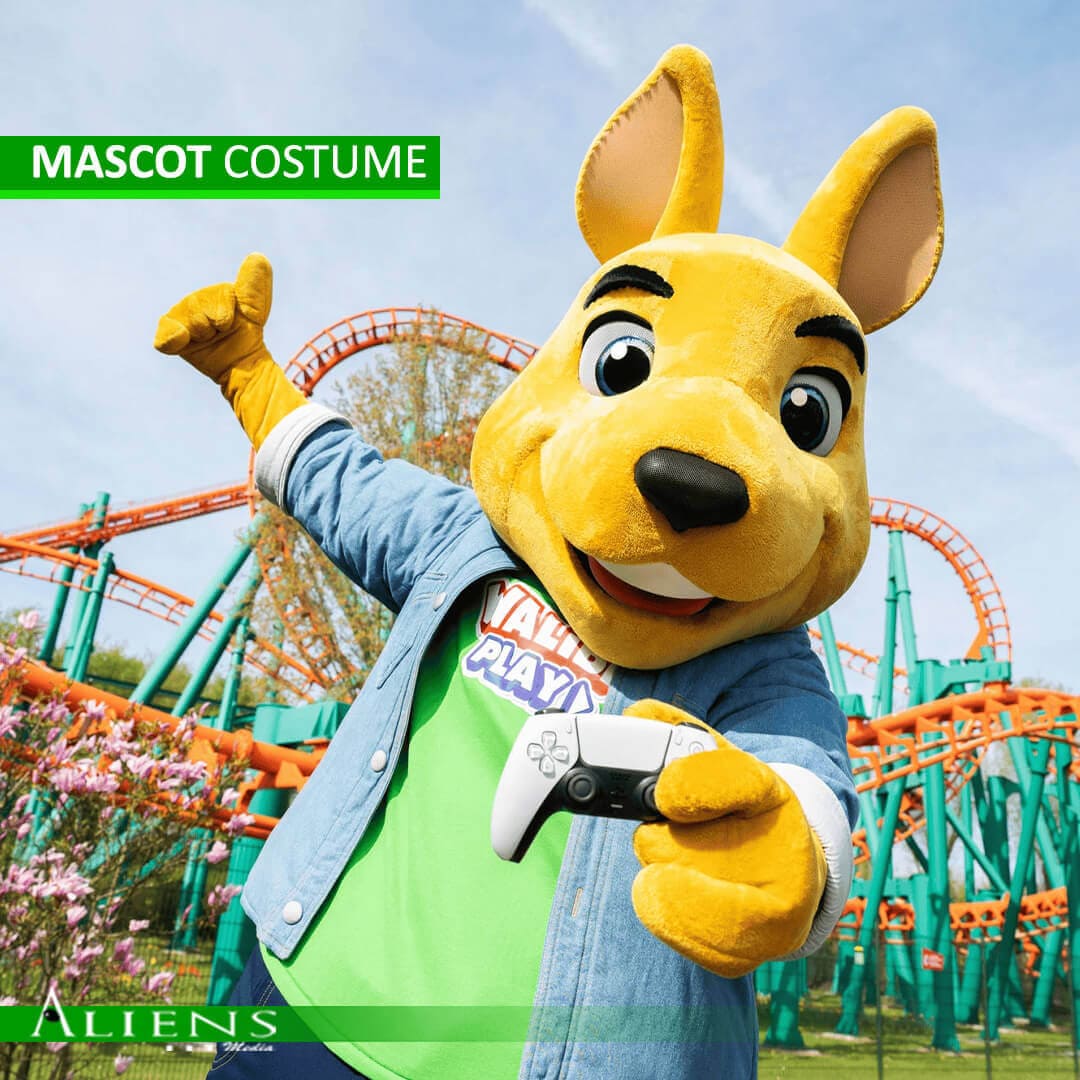 Custom-designed mascot costume for a corporate event with vibrant branding colors.