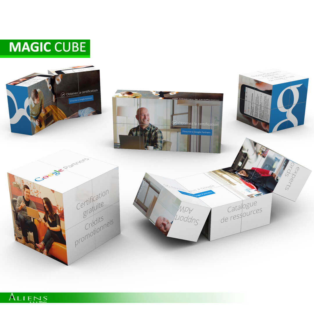 Customizable magic folding cube with multiple branding surfaces.