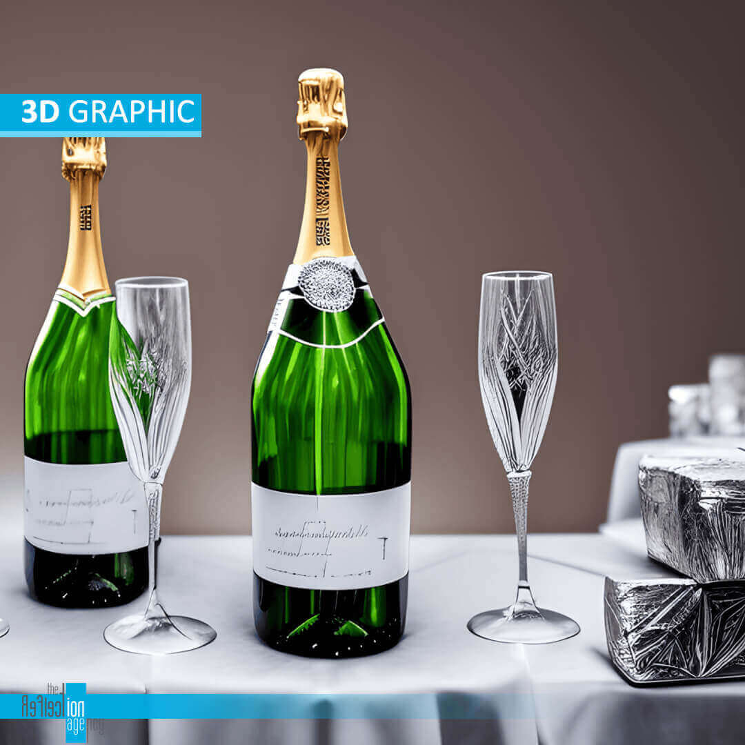 Photorealistic 3D rendering of an elegant champagne bottle with sparkling bubbles, showcasing intricate details and realistic textures.