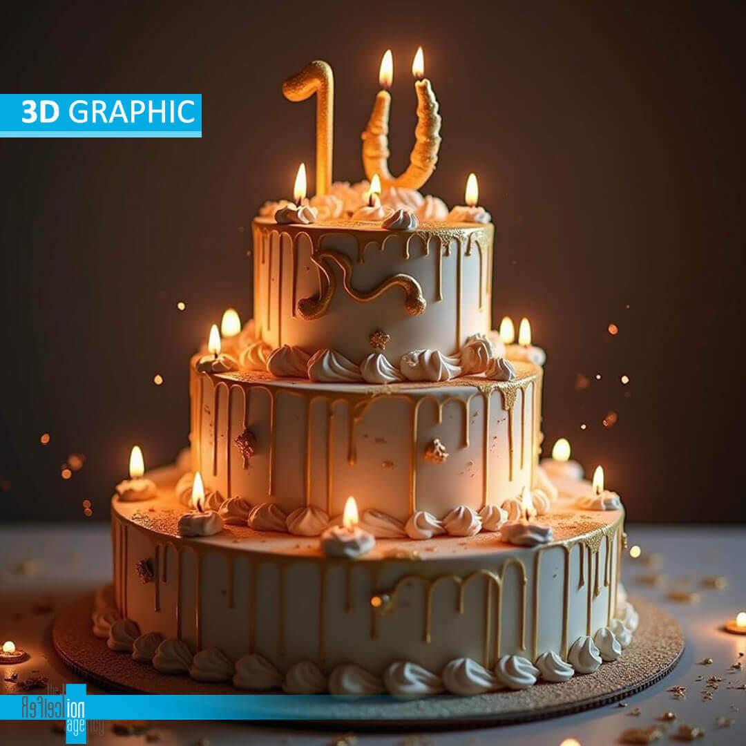 Photorealistic 3D rendering of a delicious-looking birthday cake with vibrant colors, intricate decorations, and realistic textures.