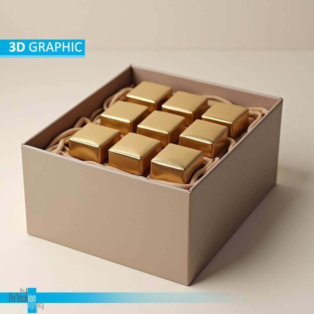 Photorealistic 3D rendering of a luxurious chocolate box filled with a variety of delectable chocolate bars, showcasing intricate details and realistic textures.