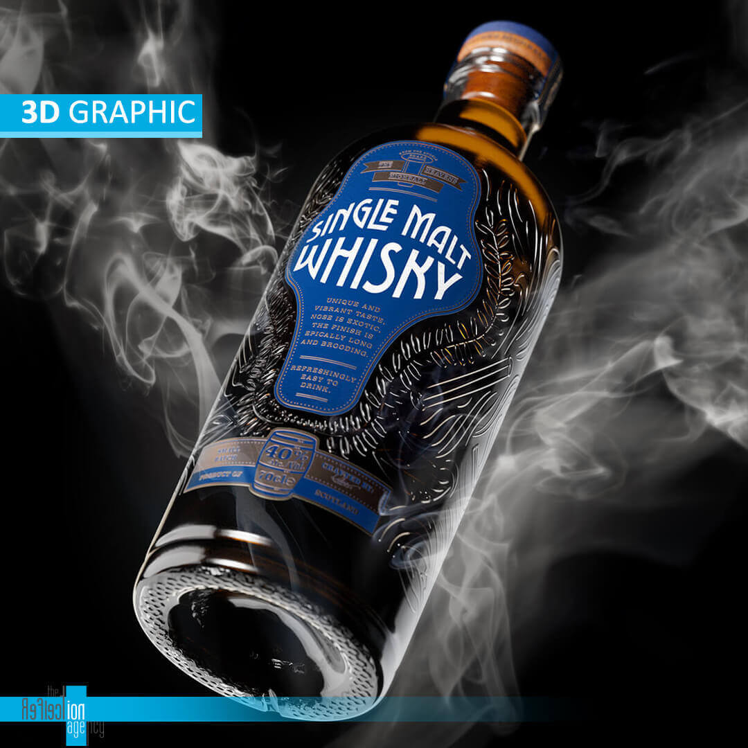 High-quality 3D rendering of a transparent vodka bottle with realistic lighting and reflections, showcasing exceptional graphic design skills.
