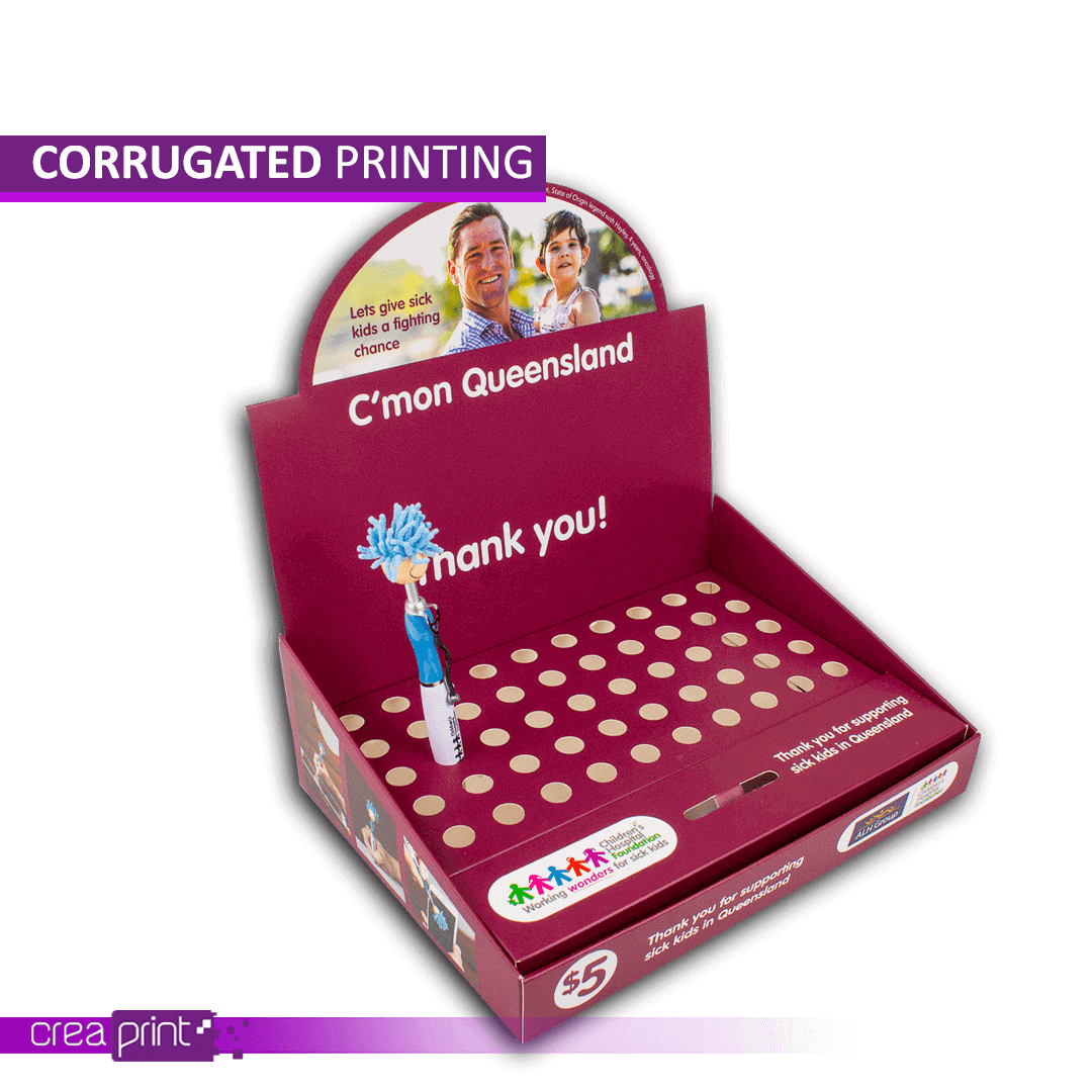 Custom corrugated stand with vibrant branding for trade shows and retail events.