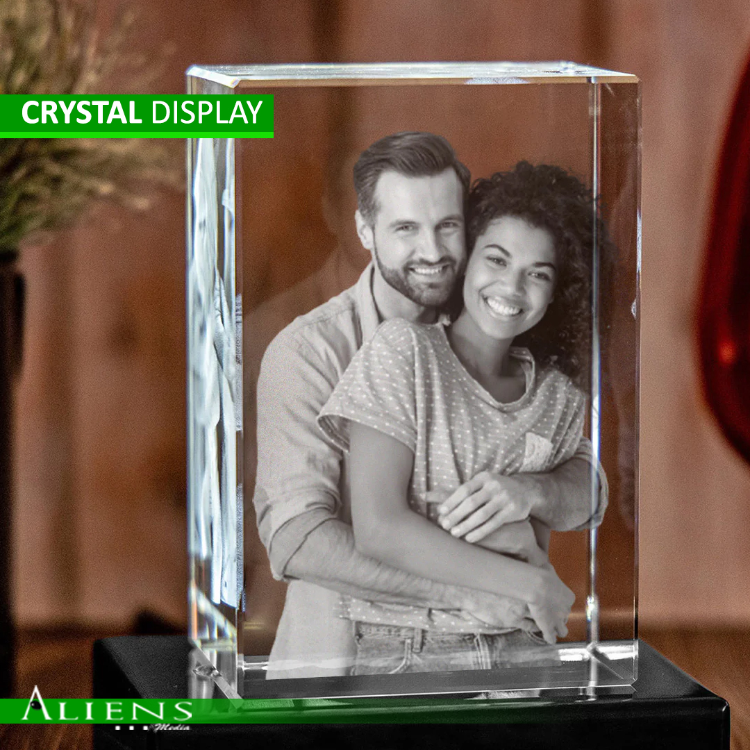 High-quality crystal showcasing intricate 3D laser-engraved artwork and branding.