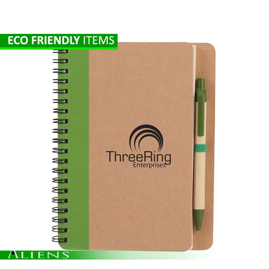 Sustainable eco-friendly promotional items such as bamboo pens and reusable tote bags.