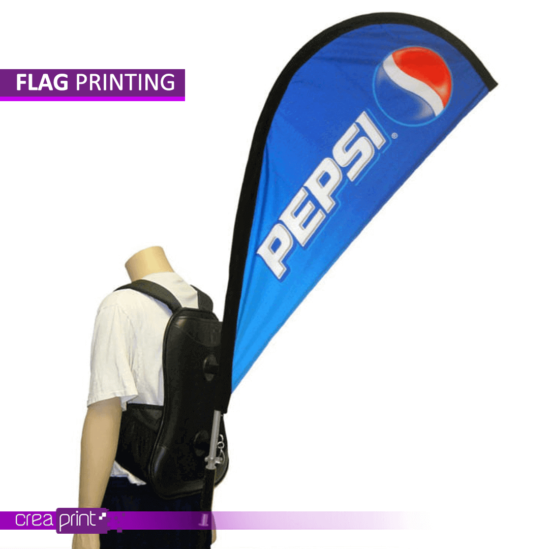 Person wearing a backpack flag with a vibrant design, walking in a crowd.