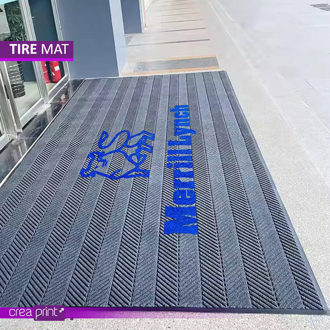 Tire-texture custom logo door mat, designed for durability, safety, and effective branding with a non-slip base for commercial and residential spaces.