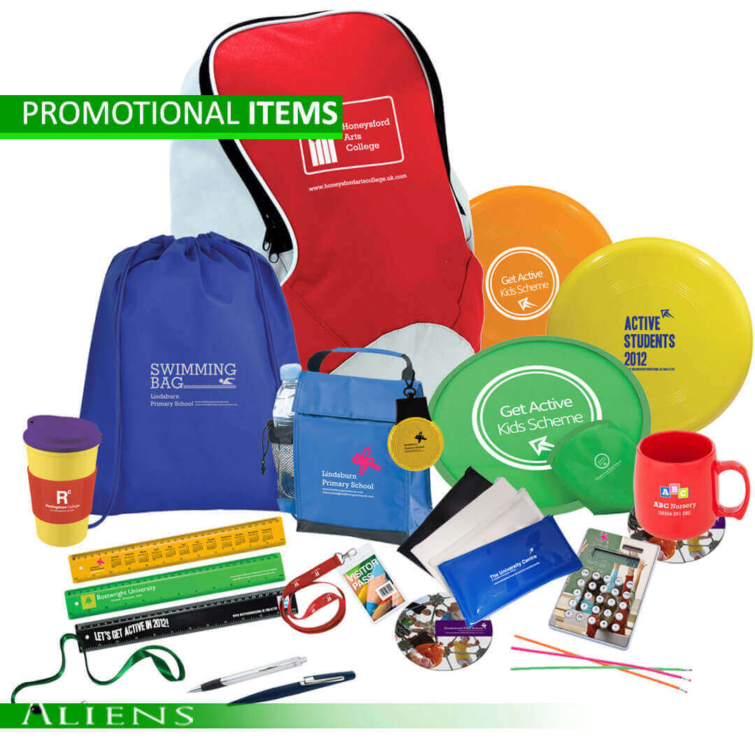 A variety of branded promotional items, including keychains, USB drives, and power banks, customized with unique designs.