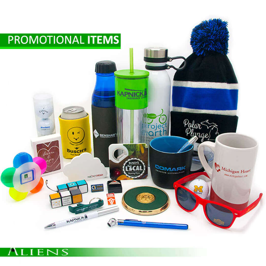 A collection of custom promotional items showcasing branded keychains, USB drives, and eco-friendly bags.