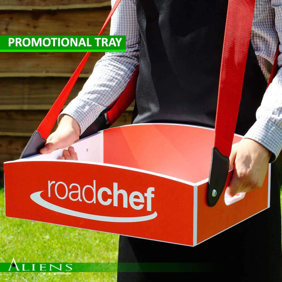 A sleek, lightweight promotional tray with vibrant custom branding.