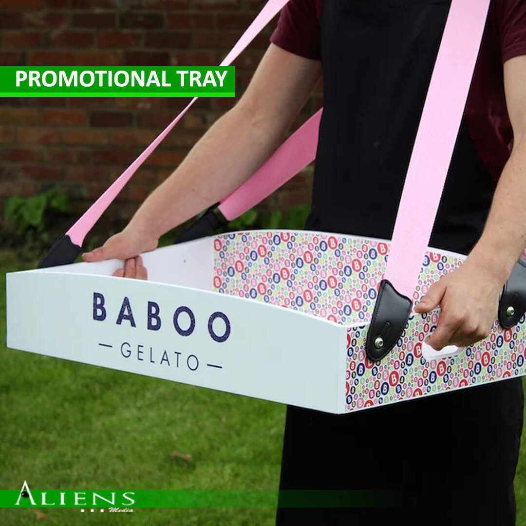 Custom-branded promotional trays for sampling food and drinks at events.