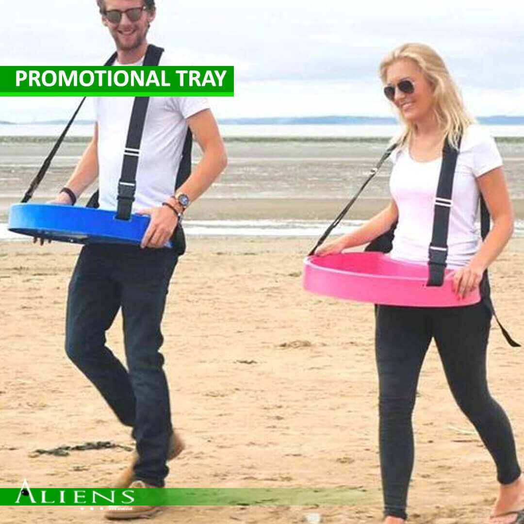 Ergonomic sampling tray with compartments and bold branding.