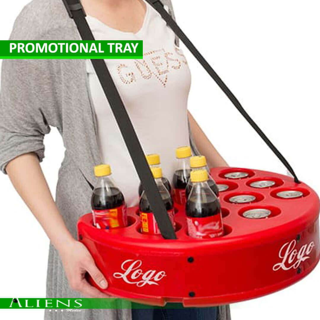 Promotional tray featuring a vibrant logo and ergonomic design.