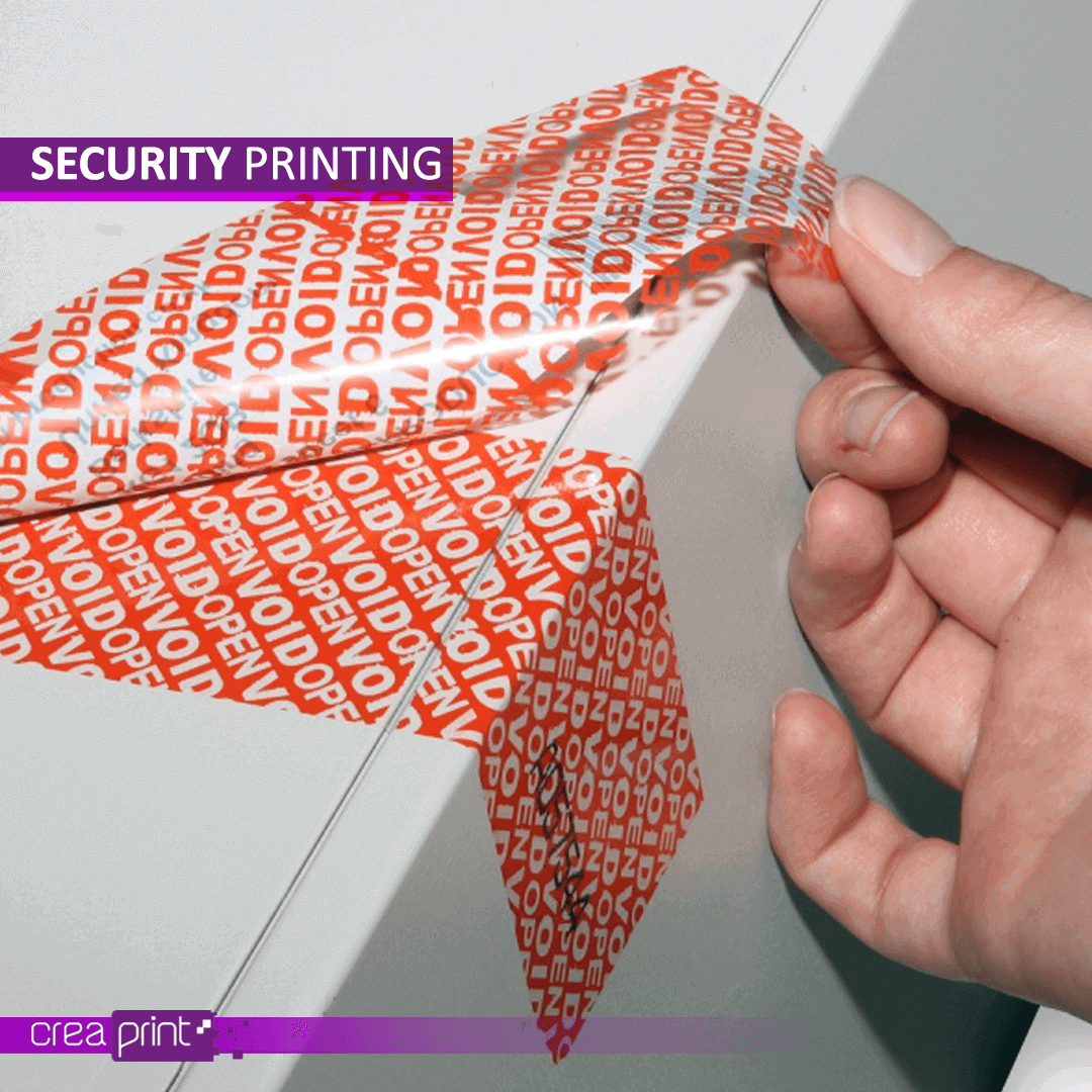 Holographic security label showcasing intricate light reflections and a tamper-evident feature.