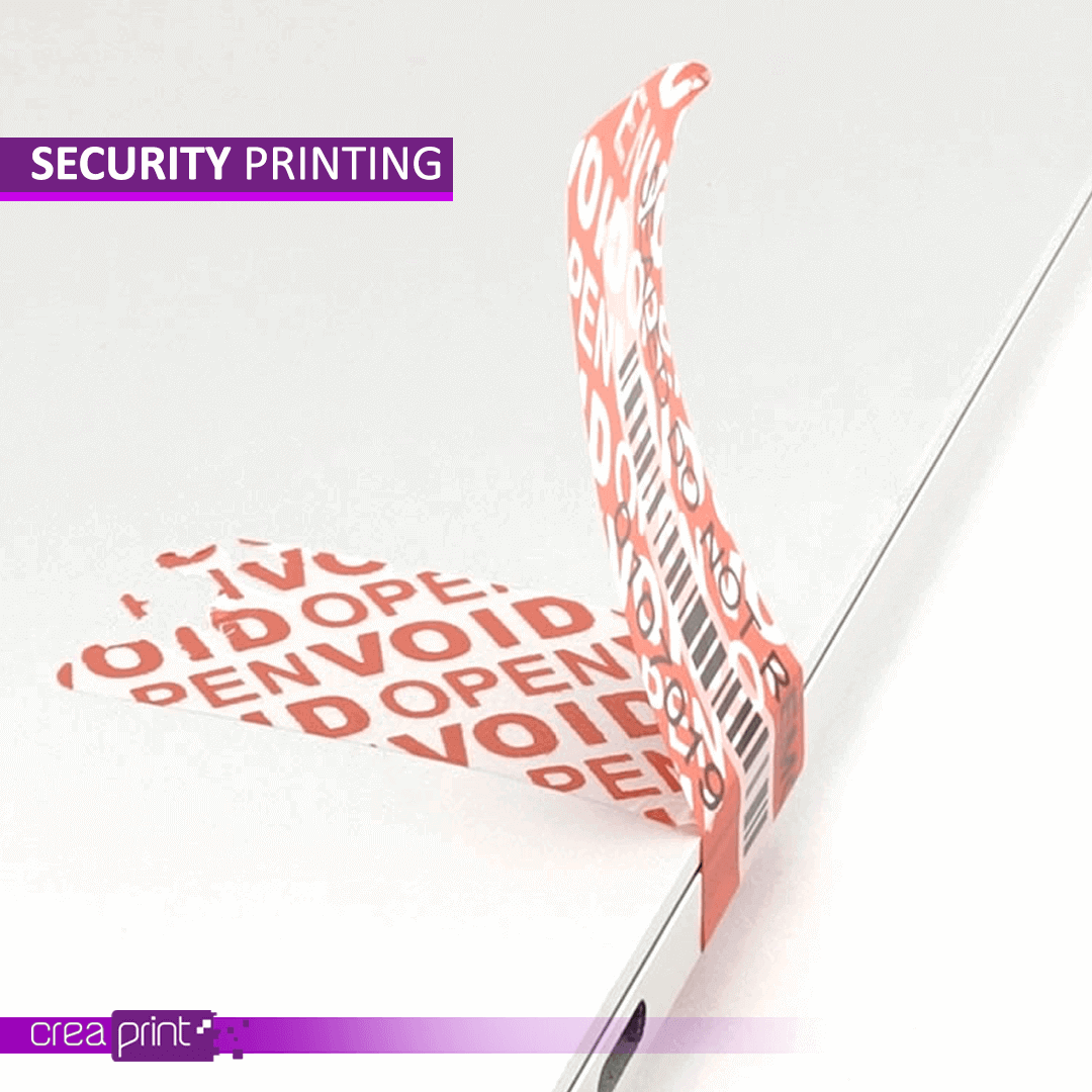Holographic security label showcasing intricate light reflections and a tamper-evident feature.