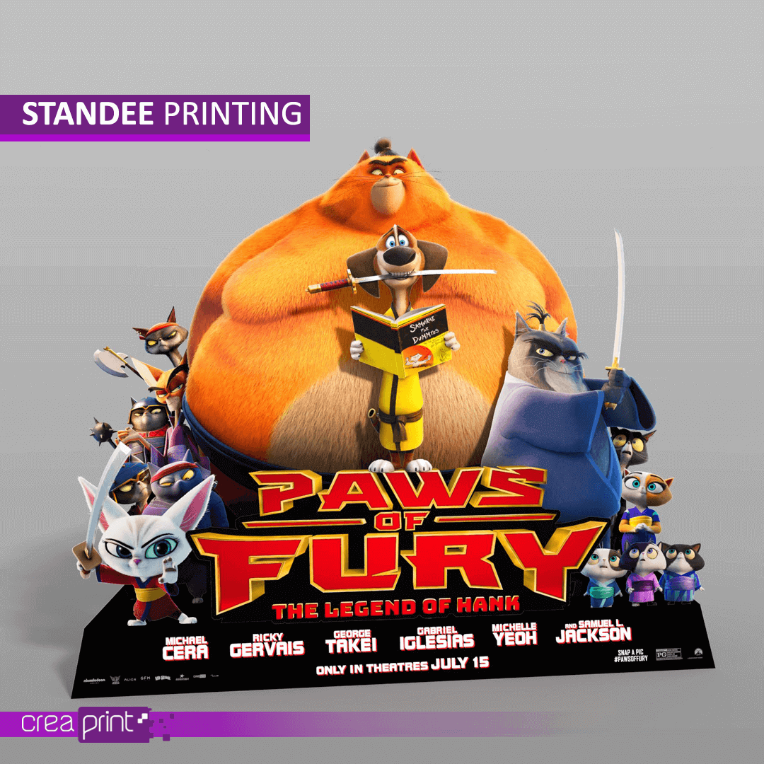 High-quality standee printing showcasing a vibrant movie character, designed to capture attention and drive foot traffic.