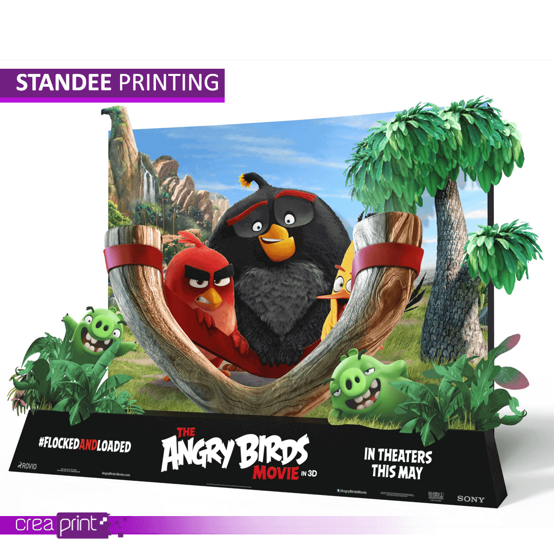 A close-up of a vibrant movie standee featuring a popular character, showcasing high-quality printing and eye-catching visuals.