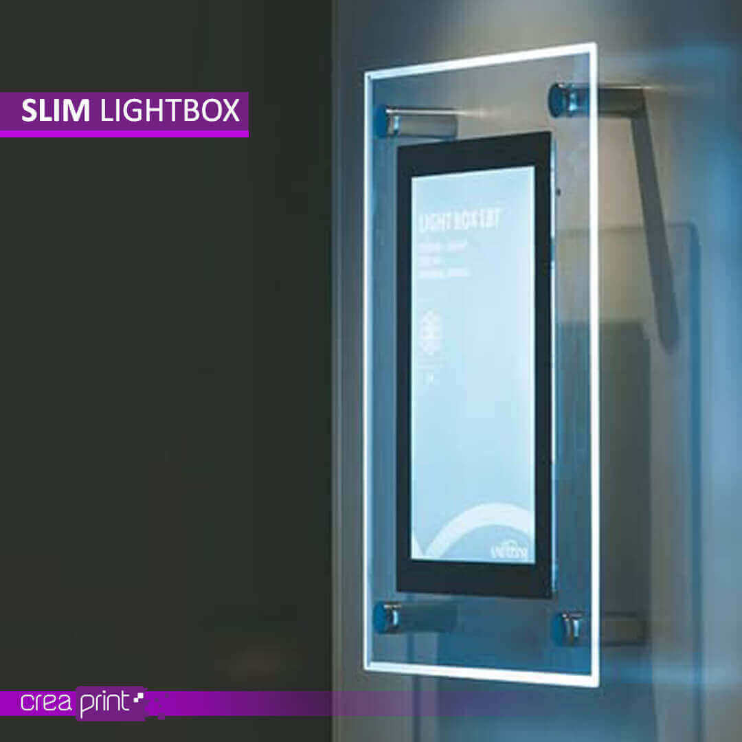 Ultra slim lightbox showcasing customizable graphics with bright LED illumination, offering high-quality, modern signage solutions.