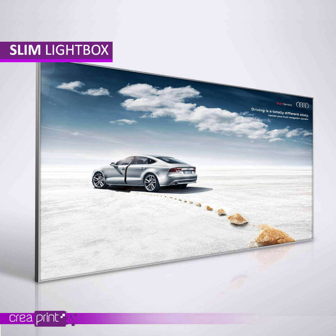 Ultra slim lightbox with customizable graphics and vibrant LED backlighting, perfect for businesses seeking a modern and energy-efficient signage solution.