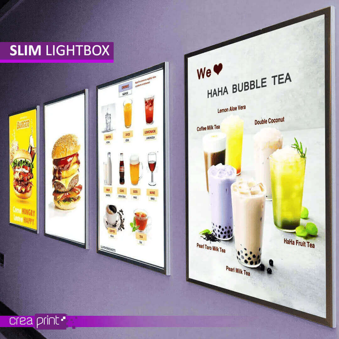 Slim, customizable LED lightbox with vibrant backlighting for enhanced advertising, perfect for modern retail, exhibitions, and office branding.