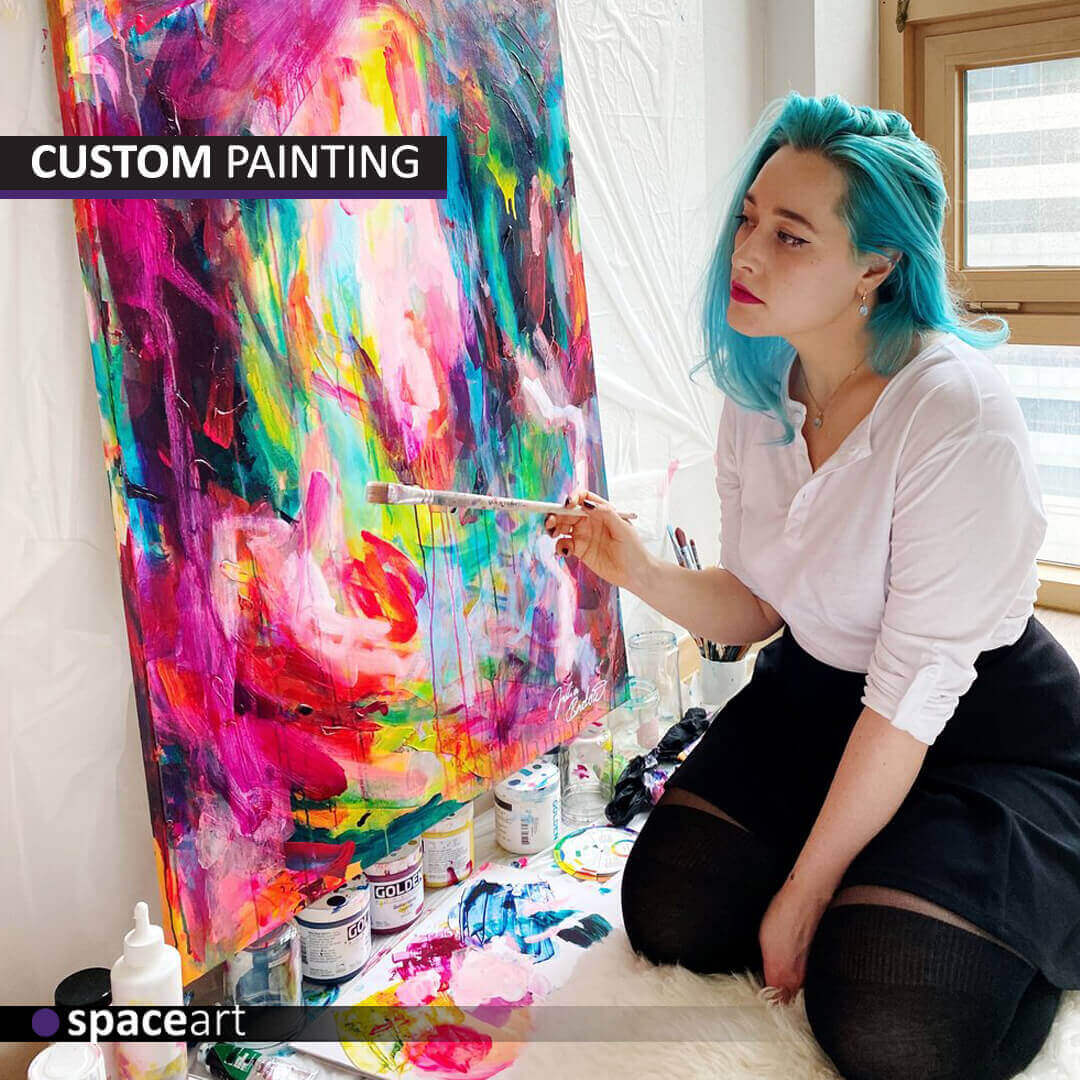 Dynamic custom abstract art by Space Art, transforming spaces with personalized color palettes and textures across Lebanon, Jordan, Iraq, UAE, Kuwait, Saudi Arabia, Qatar, Oman, Egypt, Nigeria, South Africa, Cyprus, Canada, and the USA.