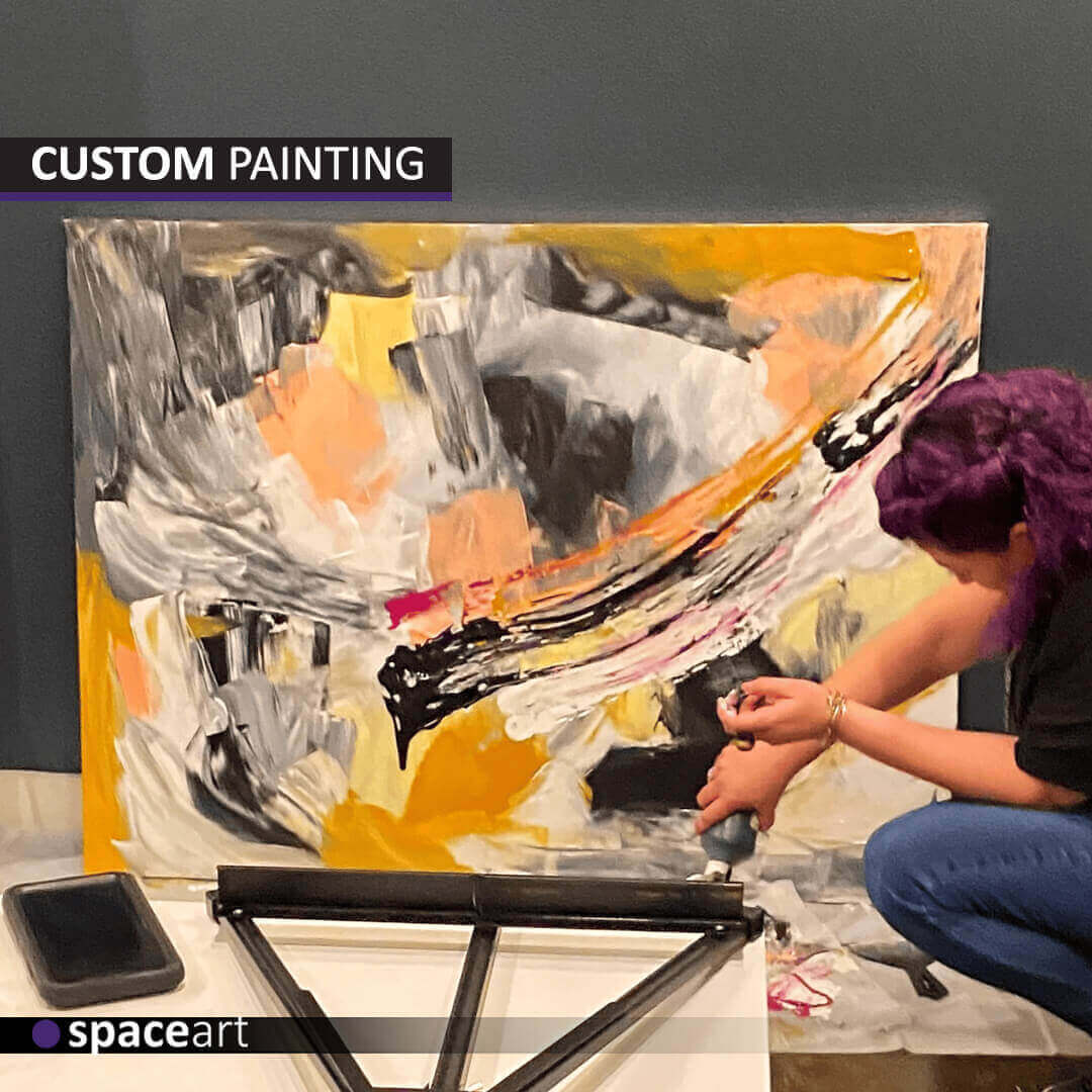 Custom abstract painting by Space Art, bespoke luxury art creation in Lebanon, Jordan, Iraq, UAE, Kuwait, Saudi Arabia, Qatar, Oman, Egypt, Nigeria, South Africa, Cyprus, Canada, and the USA.