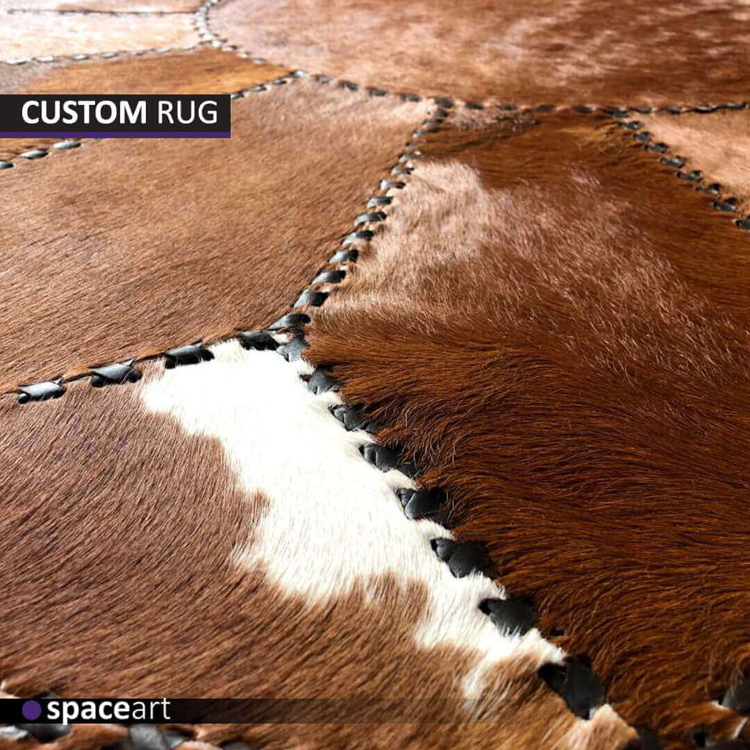 Custom leather rug by Space Art, bespoke luxury art creation in Lebanon, Jordan, Iraq, UAE, Kuwait, Saudi Arabia, Qatar, Oman, Egypt, Nigeria, South Africa, Cyprus, Canada, and the USA.