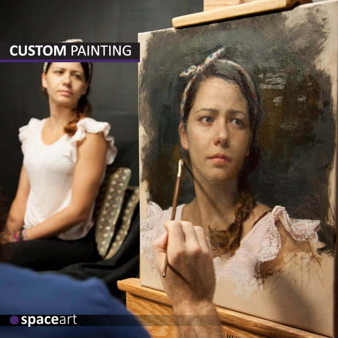 Custom portrait painting by Space Art, bespoke luxury art creation in Lebanon, Jordan, Iraq, UAE, Kuwait, Saudi Arabia, Qatar, Oman, Egypt, Nigeria, South Africa, Cyprus, Canada, and the USA.