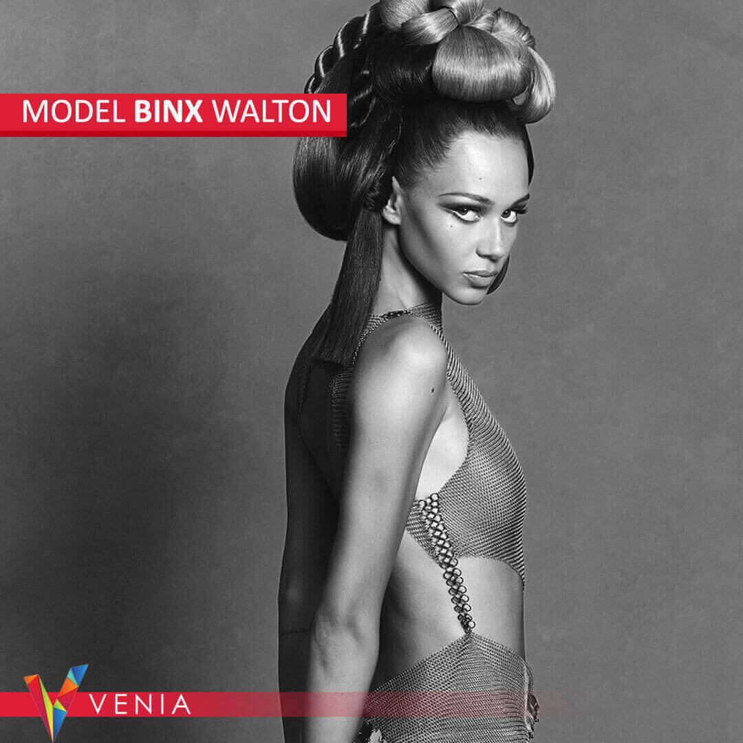 Top female model from Venia Agency posing elegantly for a high-fashion event.