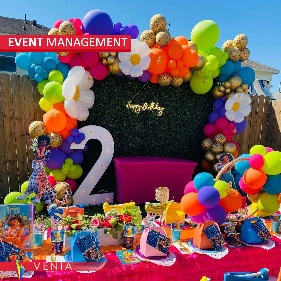 Colorful and whimsical decorations for a child's birthday party, featuring balloons, banners, and themed decor.